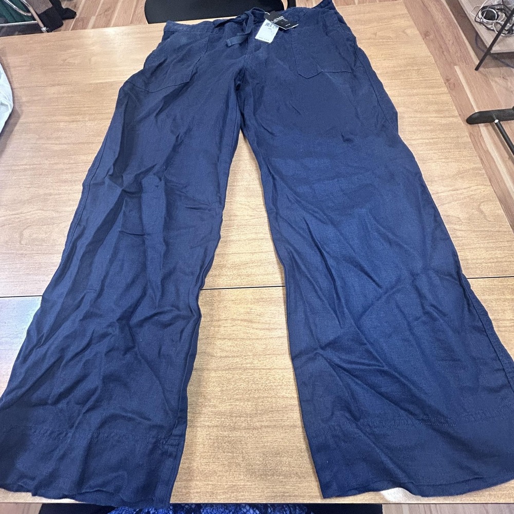 Lauren Ralph Lauren Pants Womens 10P Petite Blue 100% Linen Wide Leg Drawstring